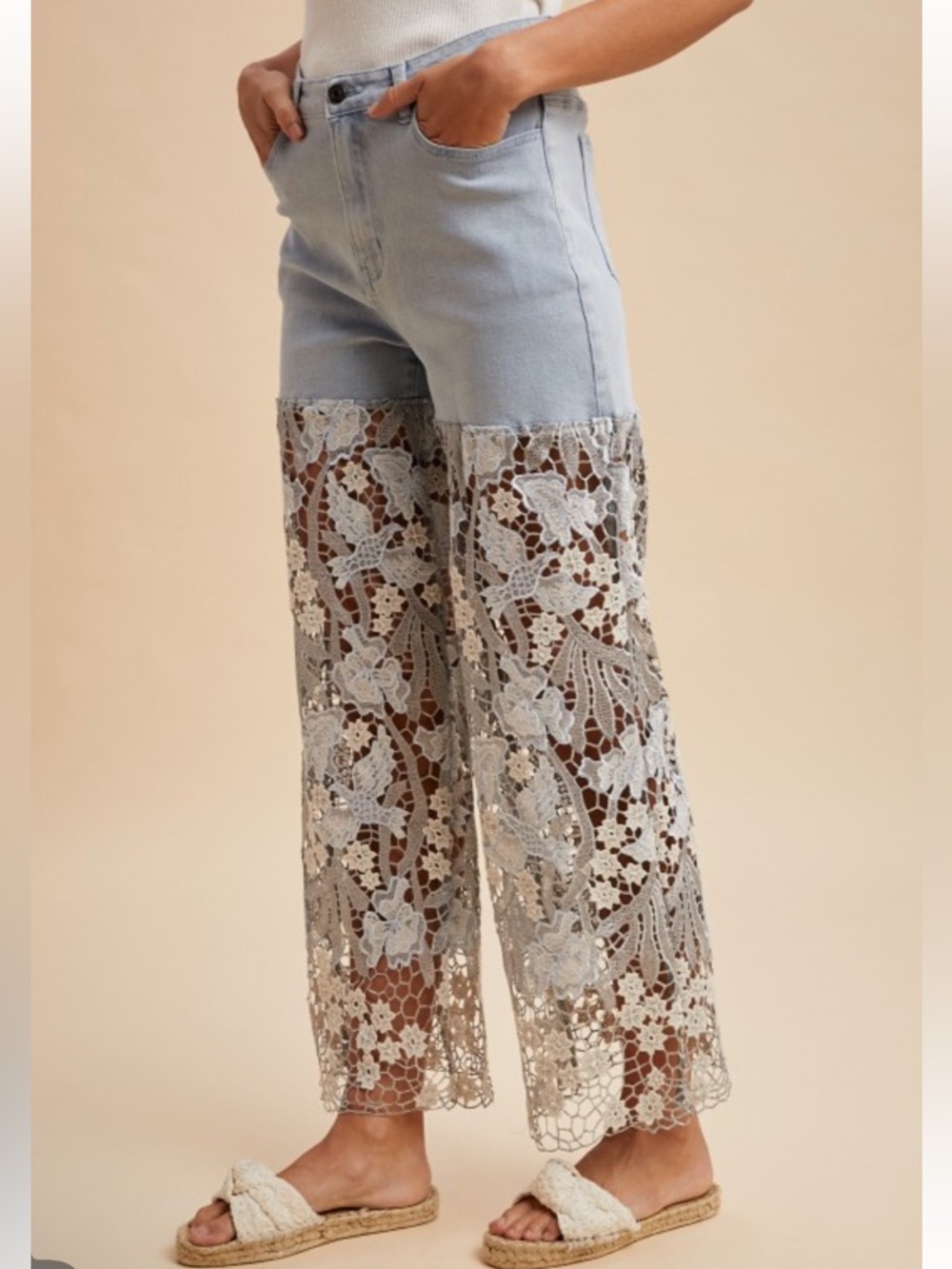 640. Mixed media floral crochet lace flare denim jean